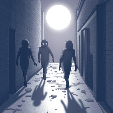 A dark alley illuminated by moonlight. The ground is wet, reflecting the bright light above. Shadows take on distinct forms, resembling various creatures with elongated limbs and hollow eyes. These shadowy figures move stealthily, with their bodies shifting and blending into the darkness. The walls of the alley are lined with brick, and scattered debris lies on the ground, creating a sense of abandonment. The atmosphere is eerie, with the contrast between the bright moonlight and the deep shadows enhancing the mysterious scene.