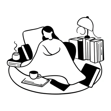 A girl with long hair is curled up in a cozy corner, surrounded by a stack of books leaning against the wall. She is wrapped in a thick, warm blanket that drapes over her shoulders. A soft pillow supports her back as she sits comfortably on a plush rug. A small lamp sits nearby, casting gentle light over the scene. A few open books are spread out around her, with pages gently fanned. A steaming cup sits on the floor next to her, inviting warmth.