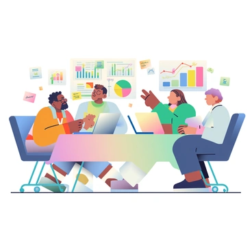 A diverse team of four people is collaborating on a project around a large conference table. There are two men and two women, each focused on their laptops. One man has dark skin and glasses, while the other has light skin and a beard. One woman has medium skin with curly hair, and the other has straight, light brown hair. Colorful charts are displayed on the table, featuring various graphs and statistics. Scattered around are vibrant post-it notes in shades of pink, yellow, and green, with handwritten ideas and reminders. The group is engaged in discussion, with one woman pointing at a chart while the others look on attentively.