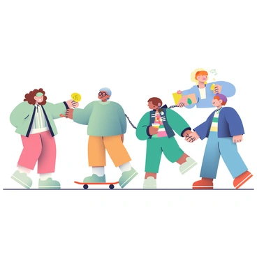A chain of diverse individuals is engaged in a series of small, thoughtful acts. In the foreground, a young woman with curly brown hair is handing a bright yellow flower to an elderly man wearing glasses. The elderly man is smiling as he receives the flower. Next to him, a teenage boy with a skateboard is passing a warm cup of coffee to a woman dressed in a blue coat, who looks surprised and grateful. Behind them, a child with pigtails is holding a colorful drawing and handing it to a man in a suit, who appears touched by the gesture. Each person is connected by their actions, creating a visible flow of kindness and consideration among them.