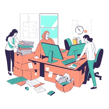 A group of four office workers is busy organizing various files and computers in a large, bright office space. Two workers are carefully packing stacked documents into orange boxes marked with labels. The third worker is unplugging a teal computer monitor from the desk, while the fourth worker is placing a stack of teal computer peripherals, such as keyboards and mice, into an orange bag. Paperwork and office supplies are scattered around, and there are cardboard boxes in different sizes ready for the move. A wall clock shows the time in the background, indicating it's late afternoon.
