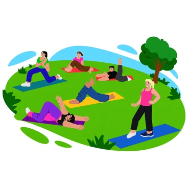 Participants stretching and exercising in a picturesque outdoor pilates class on green grass.