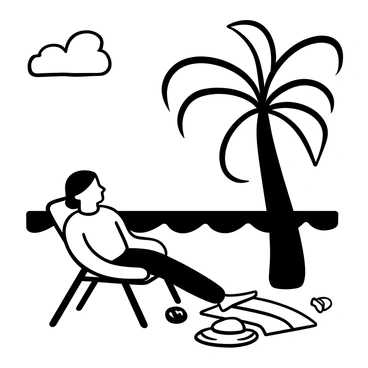 A man sitting comfortably in a beach chair under a large palm tree. He is wearing casual clothing, with a sun hat resting beside him. The ocean waves are gently lapping at the shore in the background, creating a sense of tranquility. A beach towel is spread out on the sand nearby, and there are a few seashells scattered around. Small white clouds float in the sky above.