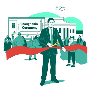 A teal politician stands in front of a newly constructed white public building, preparing to cut a large red ribbon. The setting includes a crowd of onlookers, some holding small flags. The politician wears a formal suit and smiles as they hold a pair of golden scissors in one hand, poised to make the ceremonial cut. In the background, a banner with the words "Inauguration Ceremony" is displayed on the building.