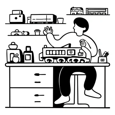 A hobbyist using a loupe to paint tiny details on a model train