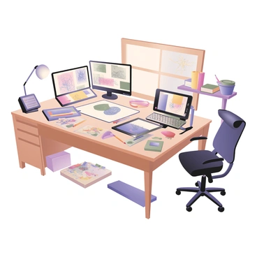 A digital flat illustration featuring an illustrator's workspace. The workspace includes a large wooden desk cluttered with vibrant sketches in various colors scattered across the surface. There are multiple digital drawing tablets placed on the desk, each displaying different artwork. A window is visible in the background, letting in bright sunlight that highlights the colorful art supplies such as pencils, markers, and paints. A comfortable, ergonomic chair is positioned in front of the desk. In the corner, there is a small shelf filled with art books and additional sketchpads, creating a lively and creative atmosphere.