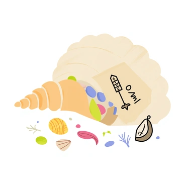 A conch shell positioned upright, showcasing its spiral shape and textured surface. The shell is filled with various small treasures, including colorful pebbles, a tiny vintage key, and a miniature compass. Scattered around the shell are delicate seashells and bits of dried seaweed, adding to the oceanic theme. Within the shell, a folded piece of parchment with “Memories” written on it peeks out, hinting at the stories contained within. The scene is illuminated with soft, warm light to emphasize the treasures inside the conch shell.