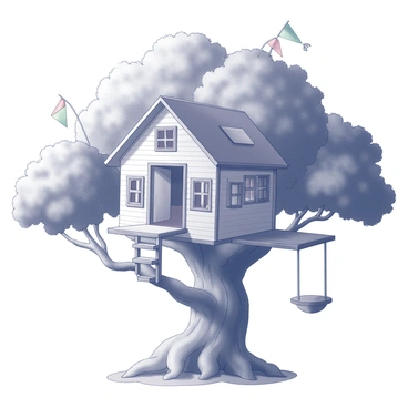 A whimsical treehouse perched among the branches of a giant grusha tree. The treehouse features a rounded, multi-level structure with an entrance ladder leading up from the ground. Its walls are made of wooden planks, giving it a rustic appearance. Windows with small shutters are scattered throughout, some slightly ajar. The tree's thick, leafy branches surround the treehouse, providing a natural canopy. There are quirky elements such as a rope swing hanging from one of the branches and colorful flags fluttering in the breeze, adding to the playful atmosphere of the scene.