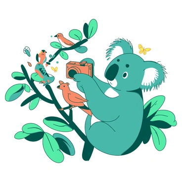 A teal koala is holding a small orange camera in its paws, aiming it at a group of colorful birds perched on nearby branches. The koala has a curious expression on its face as it prepares to capture the moment. In the background, there are lush green leaves, and you can see hints of other wildlife, including a small orange kangaroo hopping and a few yellow butterflies fluttering around. The scene captures the vibrant energy of the natural environment while focusing on the koala's photography adventure.