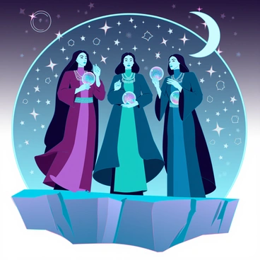 Three witches with long flowing robes, each wearing a different colored cloak—one deep purple, one emerald green, and one midnight blue—are standing in a circle on a rocky outcrop. Their faces are illuminated by a soft, ethereal glow from the stars above. Each witch has an intricate silver pendant around her neck, reflecting the light of the stars. They are holding delicate crystal orbs in their hands, gazing intently into them as they seek to divine the future. The sky is filled with countless bright stars, with a crescent moon casting a gentle light over the scene. The atmosphere is mystical and charged with energy, as they whisper incantations to connect with the cosmos.