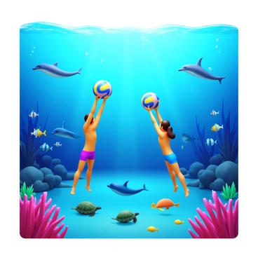 A 3D volleyball game taking place underwater, featuring players in vibrant swim gear spiking a colorful volleyball. The background showcases a variety of coral reefs and marine plants swaying gently with the currents. Spectators include various marine animals such as curious dolphins, schools of tropical fish, and a sea turtle, all observing the game with interest. Bubbles rise to the surface, adding dynamic movement to the scene. Sunlight filters down through the water, casting dappled light patterns on the ocean floor.