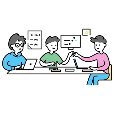 A group of three students sitting at a rectangular table, focused on their laptops. The first student, wearing glasses and a blue hoodie, is typing intently next to a notebook filled with handwritten notes. The second student, with short hair and a green t-shirt, is pointing at a shared screen on a laptop, while the third student, wearing a red sweater, is taking notes on a tablet. The workspace is decorated with a few coding-related posters on the walls, and various coding books are scattered across the table.