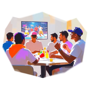 A diverse group of boxing fans is gathered in a lively setting, wearing various merchandise such as t-shirts, hats, and scarves featuring their favorite fighters. The fans represent different ethnic backgrounds, showcasing a rich mix of appearances, expressions, and clothing styles. Some fans are animatedly discussing statistics and recent matches, while others are showing support through gestures or facial expressions. In the background, a television displays a boxing match, adding to the excitement of the conversation. The atmosphere is filled with enthusiasm and camaraderie among the fans.