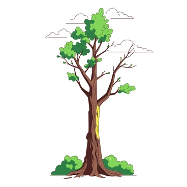 A tall tree stands prominently in the center of the image, showcasing a deep scar on its trunk, a visible reminder of a past storm. The bark surrounding the scar appears rugged and weathered, indicating the tree's resilience. From this scar, several new branches emerge, vibrant and strong, reaching upward toward the sky. These branches are adorned with lush green leaves, symbolizing renewal and growth. The background features a soft, blurred landscape, emphasizing the tree's strong presence.