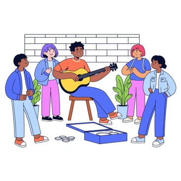 A street musician is playing an acoustic guitar. He is dressed in casual street wear, including a loose-fitting t-shirt and denim jeans. The musician has a relaxed posture as he sits on a wooden stool. Around him, a few passersby stop to listen, creating a small gathering. There is a guitar case open on the ground in front of him, containing some scattered coins and bills. The backdrop includes a brick wall and a few potted plants nearby.