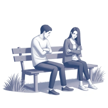 Two friends are sitting on a park bench in a natural setting. One friend is turned away from the other, with crossed arms, expressing a sense of displeasure. The second friend is facing the first, with a slightly bowed head and a concerned expression on their face, conveying an apologetic demeanor. The bench is surrounded by trees and grass, adding to the sense of an outdoor environment. The sunlight creates gentle shadows on the ground, emphasizing the emotional moment between the two friends.