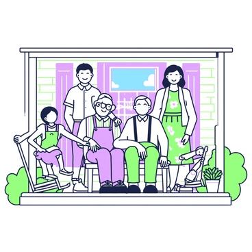A family is gathered on the porch of a farmhouse for a portrait. In the center, an elderly couple sits on a rustic wooden bench, smiling warmly. The man wears a plaid shirt and suspenders, while the woman is dressed in a floral dress with a cardigan. Standing behind them are their adult children, a man in jeans with a button-up shirt and a woman in casual attire with a light scarf, both looking at the camera. To the side, there are two young children, a girl in a colorful dress and a boy in overalls, playfully holding hands. The porch features potted plants and a pair of rocking chairs, adding to the homely atmosphere. The farmhouse's wooden siding and a bright blue sky can be seen in the background.