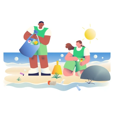 A group of volunteers is cleaning up a beach, actively picking up litter and trash along the shoreline. One volunteer with medium skin and short black hair is holding a blue garbage bag filled with collected waste. Another volunteer, a woman with fair skin and long brown hair tied in a ponytail, is kneeling down, planting small clumps of dune grass in the sandy ground. Nearby, a bright yellow shovel leans against a large rock, while a few discarded plastic bottles and wrappers are scattered across the sand. The ocean waves gently lap against the shore in the background, and the sun is shining brightly over the scene.