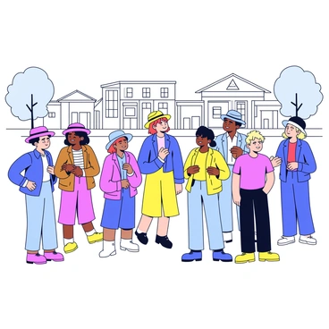 A group of residents of Maycomb are gathered in the town square. The individuals are depicted in a range of clothing styles, showcasing a mix of hats and dresses that reflect a small-town atmosphere. They are standing in clusters, animatedly engaging in conversation with smiling faces. In the background, there are simple buildings with modest architectural details, and a few trees providing shade. The scene conveys a sense of community and interaction among the townspeople.