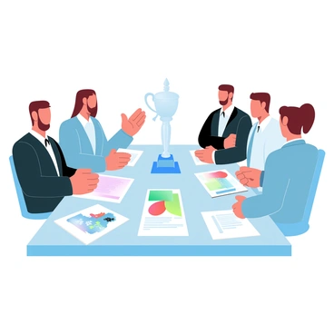 A group of judges is gathered around a table, intently examining vibrant illustrations spread out in front of them. Each judge is wearing a formal outfit, showcasing professionalism. The table is covered with colorful, detailed artwork showcasing various themes and techniques. The judges are discussing amongst themselves, with papers and notes in front of them, indicating their deliberation process. A decorative award statue is positioned prominently on the table, symbolizing the importance of the occasion.