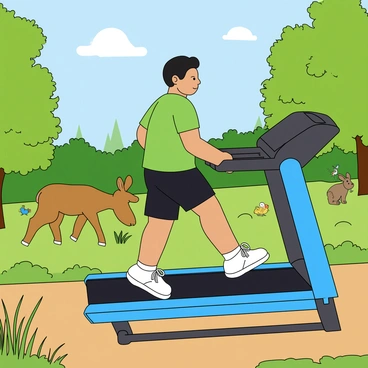 A colorful treadmill bike set in a vibrant wildlife reserve. The bike is equipped with a bright blue frame and a sleek black seat. The rider is a young person with medium skin tone, wearing a green t-shirt and black shorts. The scenery features lush green trees and tall grasses surrounding the path. In the distance, a group of animals can be seen, including a grazing deer, a curious rabbit peeking out from the bushes, and a few colorful birds perched on the branches. The sky is clear with a few fluffy white clouds scattered above, adding to the lively atmosphere of the reserve.