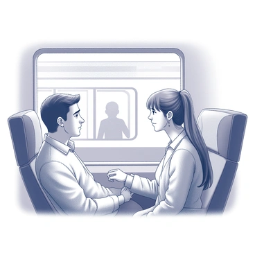 A man sitting in a train carriage, looking directly at a woman in a passing train. The man has short dark hair and is dressed in a casual button-up shirt. His expression is focused as he maintains eye contact with the woman. The woman has long hair pulled back in a ponytail, wearing a light jacket. She appears surprised but intrigued by the connection. The background features blurred train windows and hints of the interior of the carriages. The scene captures a moment of unexpected connection between the two passengers.