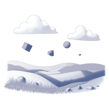 A landscape features an expansive horizon with rolling hills. In the sky, there are several large geometric shapes, such as cubes and spheres, seemingly suspended in mid-air. The clouds are fluffy and rounded, creating a whimsical appearance as they drift across the scene. The ground is textured with detailed grass and scattered stones, adding depth to the environment. There are shadows cast by the floating shapes, creating a sense of dimension in the overall composition.