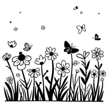 A wide meadow covered with diverse wildflowers, each flower displaying unique shapes and sizes. Numerous butterflies of different species are fluttering among the flowers. Some butterflies have their wings fully spread, while others are perched delicately on the petals. The scene captures the vibrant interaction between the wildflowers and the butterflies, with a gentle breeze suggested by the movement of the flower stems.