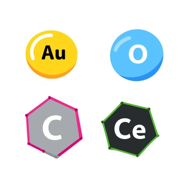 A collection of icons representing different chemical elements. The gold icon is a shiny yellow circle with the letter "Au" in bold black font at the center. The oxygen icon is a light blue circle featuring the letter "O" in a slightly larger white font. The carbon icon is a gray hexagon displaying the letters "C" in a prominent black font. Each icon is surrounded by a colorful border that enhances its distinctiveness and is displayed against a plain white background.