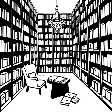 A library with shelves that extend infinitely, reaching towards the ceiling. Each shelf is densely packed with books, their spines displaying titles in intricate lettering. The floor is made of polished wood, reflecting the light from ornate chandeliers hanging above. A large, sturdy wooden table sits in the center, covered with open books and scattered parchment. A comfortable armchair is positioned nearby, inviting readers to delve into the endless knowledge contained within the books. Shadows and light play across the scene, emphasizing the vastness and depth of the library.