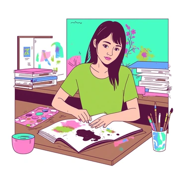 An artist is sitting at a wooden table with a vibrant magazine cover in front of them. They are surrounded by an array of colorful art supplies, including paint tubes in various hues, a palette with splashes of color, and paintbrushes of different sizes. The artist has a focused expression as they add final touches to the magazine cover. In the background, there are stacks of sketchbooks and a bright teal wall adorned with abstract artwork. The entire scene is lively and filled with the energy of creativity.