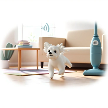 A small dog, with fluffy white fur and large expressive eyes, is sprinting away in fear. The dog’s ears are perked up, and its tail is tucked between its legs as it dashes across the room. In the background, a vacuum cleaner is standing upright, its nozzle pointed forward, with visible vibrations indicating the noise it makes. The living room features a light brown couch, a wooden coffee table with a few books scattered on it, and a colorful rug on the hardwood floor. Sunlight is streaming through a nearby window, casting soft shadows in the space.