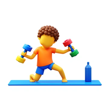 A child with curly hair wearing a bright t-shirt and shorts is imitating an adult doing dumbbell rows. The child is holding colorful toy weights in each hand. The child is positioned in a bent-over stance, focusing on the movement with a determined expression. In the background, there is a small exercise mat and a water bottle, creating a workout environment. The scene captures a playful yet energetic atmosphere.