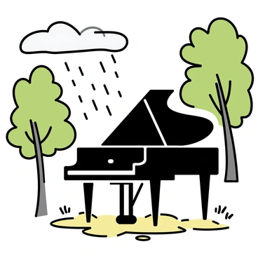 A grand piano with a glossy black finish is positioned prominently on a patch of grass in the center of a dense forest. The surrounding trees are tall and lush, with rich green foliage, and the ground is wet from the rainfall. Raindrops fall from the leaves and land on the piano, producing small ripples in puddles that have formed around its legs. The atmosphere is filled with the sound of rain, creating a unique harmony as it interacts with the piano's surface. Soft gray clouds hover above, and the light filtering through the tree canopy creates a gentle, diffused glow around the scene.