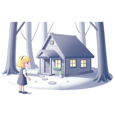 A young girl with golden hair stands in front of a quaint cottage in a forest clearing. The cottage has a thatched roof and wooden walls, with a small front porch decorated with potted flowers. Goldilocks gazes in awe at the cottage, her facial expression reflecting curiosity and wonder. Surrounding the cottage, tall trees with thick trunks create a natural border, while patches of grass and a few wildflowers add detail to the foreground. The scene captures the moment of discovery, emphasizing Goldilocks' exploration and the enchanting setting of the bears' home.