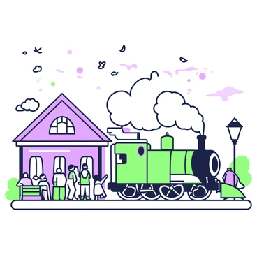 A quaint train station is set against a backdrop of a busy scene. The platform is filled with passengers, some standing and others sitting on wooden benches, all waiting expectantly. In the foreground, a steam train is arriving at the station, with billowing smoke rising from its chimney, creating a dynamic visual. The train features a prominent front with distinct wheels. Above, several birds are flying in the sky, some perched on a nearby lamppost. The station building is visible in the background, showcasing its architectural details, such as arched windows and a sloped roof.