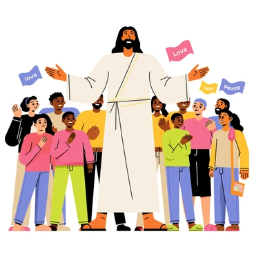 Jesus standing in the midst of a joyful crowd, radiating peace and love.