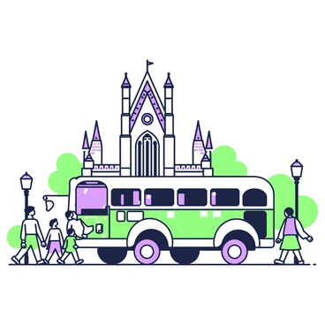 An old bus is parked in front of a historic urban landmark. The bus has a weathered exterior, showcasing faded paint and vintage design elements. The landmark, characterized by intricate architectural details, towers majestically in the background. Surrounding the scene, there are a few scattered trees and streetlights, hinting at the bustling city life. A group of pedestrians walks nearby, some admiring the landmark while others seem to be waiting to board the bus. The overall atmosphere captures a moment frozen in time, reflecting both the charm of the old bus and the significance of the landmark.