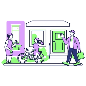 A postman is walking down a street, waving "hello" to the residents. He is wearing a blue uniform with reflective accents and a cap. In his right hand, he holds a green bag filled with letters. To his left, a woman is watering plants in her front yard, smiling back at him. On the other side of the street, a child is riding a bicycle, also waving "hello." The houses lining the street have colorful doors and window boxes filled with flowers. A dog is sitting on the porch, observing the scene.