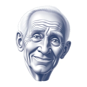 A close-up depiction of an elderly man's face. His skin is marked with deep wrinkles that showcase a lifetime of experiences. The wrinkles are particularly pronounced around his eyes and mouth. He has a wise smile that reveals a sense of understanding and kindness. His eyebrows are slightly raised, adding to the expression of wisdom. The man's hair is sparse and gray, complementing his aged appearance. The background is minimal to keep the focus on his face.