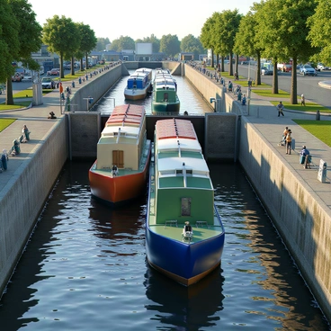 Several cargo barges of various sizes, painted in shades of blue, green, and red, are lined up in a queue, patiently waiting at a large lock gate. The lock gate, made of heavy metal, stands partially open, revealing the water level behind it. Sunlight glimmers on the surface of the canal waters, which reflect the surrounding trees and structures. In the background, a busy canal bank is visible, dotted with small storage facilities and equipment. Alongside the canal, a few curious onlookers watch the process unfold, highlighting the bustling activity of this transportation hub.