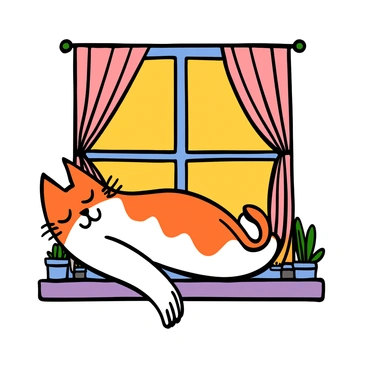 A plump cat with orange and white fur lounging comfortably on a sun-drenched windowsill. The cat has big, relaxed eyes that are half-closed, enjoying the warmth of the sunlight. The windowsill is adorned with small potted plants and a colorful curtain fluttering gently in the breeze. The scene conveys a sense of tranquility and relaxation.