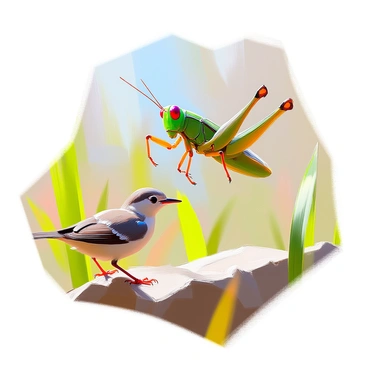 A grasshopper with vibrant green exoskeleton and large, bulging eyes is captured in a dynamic pose as it leaps into the air. Its hind legs are fully extended, showcasing the impressive strength and agility of the insect. Below, a small bird with sharp beak and feathers in muted colors is perched, ready to chase after its prey. The background features blurred green blades of grass, emphasizing the action and the urgency of the moment. The setting is a sunlit meadow, creating a contrast between the grasshopper’s vivid color and the earthy tones of the predator.