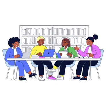 A group of four diverse students sitting together at a large study table in the UCL library. One student has curly black hair and is focused on a laptop, while another student with straight brown hair is flipping through a thick textbook. A third student, who has short blonde hair, is taking notes on a notepad, and the fourth student, with long dark hair, is pointing at a document on the table. The table is cluttered with various books, notebooks, and laptops. Bookshelves filled with books are visible in the background.