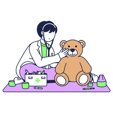A child is sitting on a colorful play mat, wearing a white doctor’s coat that is slightly oversized. The child has short hair and looks focused as they gently place a toy stethoscope against a brown teddy bear that is propped up in front of them. The teddy bear has button eyes and a stitched nose, and it is sitting on its hind legs. Next to the child, there is a small medical bag filled with toy medical instruments. In the background, there are building blocks and a few crayons scattered around the play area.