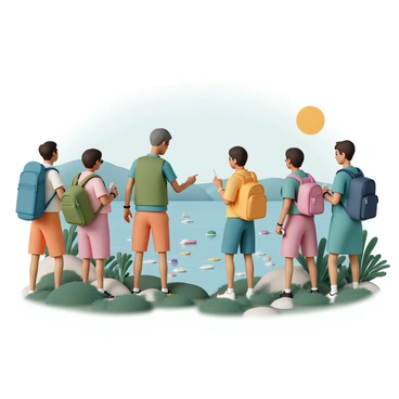 A group of eco-tourists, consisting of five individuals, is gathered on a riverbank near the Ganges. They are wearing colorful hiking outfits with backpacks and are listening attentively to a tour guide. The guide, a middle-aged man wearing a green vest, is pointing towards the water while explaining the pollution challenges faced by the river. In the background, there are visible plastic waste and debris floating in the water. The tourists are taking notes, with one person using a camera to capture the scenery. The setting is lush with greenery, highlighting the contrast between nature and pollution. The sky is clear, and the sun casts a warm light on the scene, emphasizing the importance of environmental awareness.