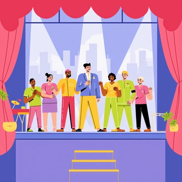 A stage filled with colorful decorations representing a lively musical theater production. Actors are positioned at the center, wearing bright costumes that reflect various themes of the performance. Some actors are singing passionately, with joyful expressions on their faces. Spotlights illuminate the performers, creating a dynamic atmosphere. The background features a painted backdrop of a city skyline, adding depth to the scene. Musical instruments, such as a piano and a drum set, can be seen on the sides of the stage, enhancing the theatrical experience.