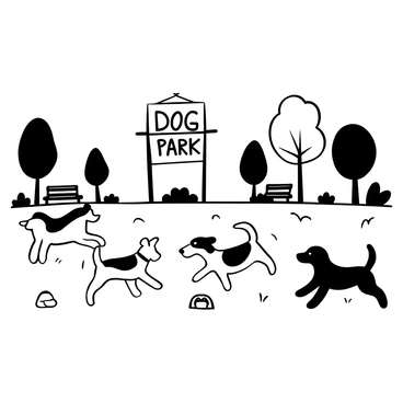 A group of dogs of various breeds, including a golden retriever, a beagle, and a bulldog, are energetically running and playing in a spacious dog park. The dogs are in mid-chase, with their tails wagging and bodies in motion. Around them, several trees provide scattered shade, and there are a few benches placed along the path. In the background, a large park sign displays the words "Dog Park." The ground is covered with grass, and a couple of toys are spread out on the ground.