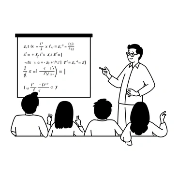 A male teacher standing in front of a large chalkboard, engaged in explaining a complex math problem. He is wearing a button-up shirt and glasses, with a confident expression. The chalkboard is filled with mathematical equations and diagrams. In front of him, a group of students with varied hairstyles and expressions are seated at desks, attentively listening and taking notes. Some students have their hands raised, eager to participate in the discussion.