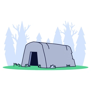 An empty tomb made of grey stone, with a large, flat stone door slightly ajar. The scene is shrouded in a thick, swirling fog that obscures much of the background. In the distance, there are silhouettes of tall, bare trees, their branches reaching upwards against the misty backdrop. The ground around the tomb is uneven and covered with patches of green grass, adding to the atmospheric setting.